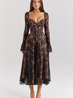 House of CB Black Lace Corset Midi Dress with Nude Underlay